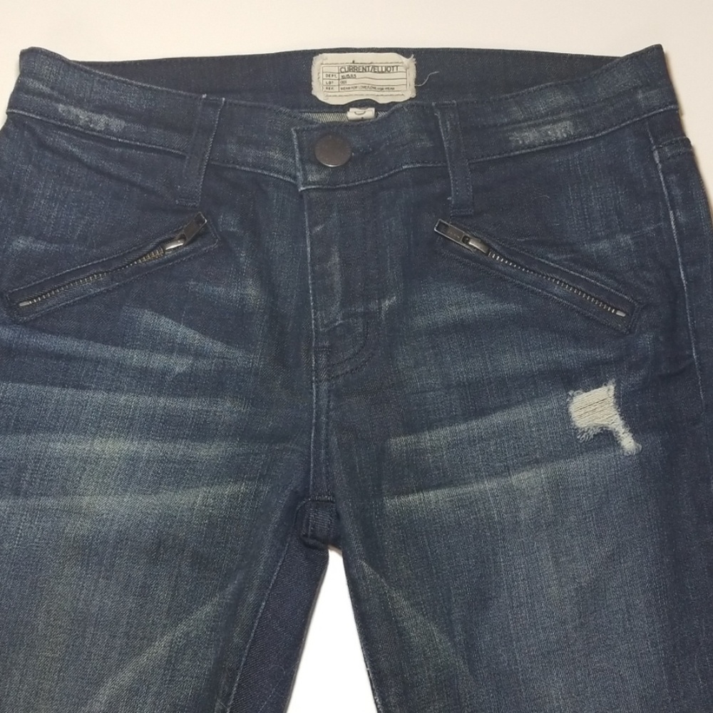 Current Elliott Silverlake Zip Datk Blue Distressed Skinny Moto Jeans Size 26 - Picture 3 of 8